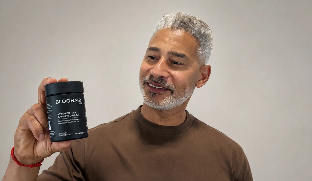 A silver-haired man holding a bottle of BLOOHAIR MEN — 22 ingredients with every dose printed, 4 capsules a day, 120 capsules per bottle