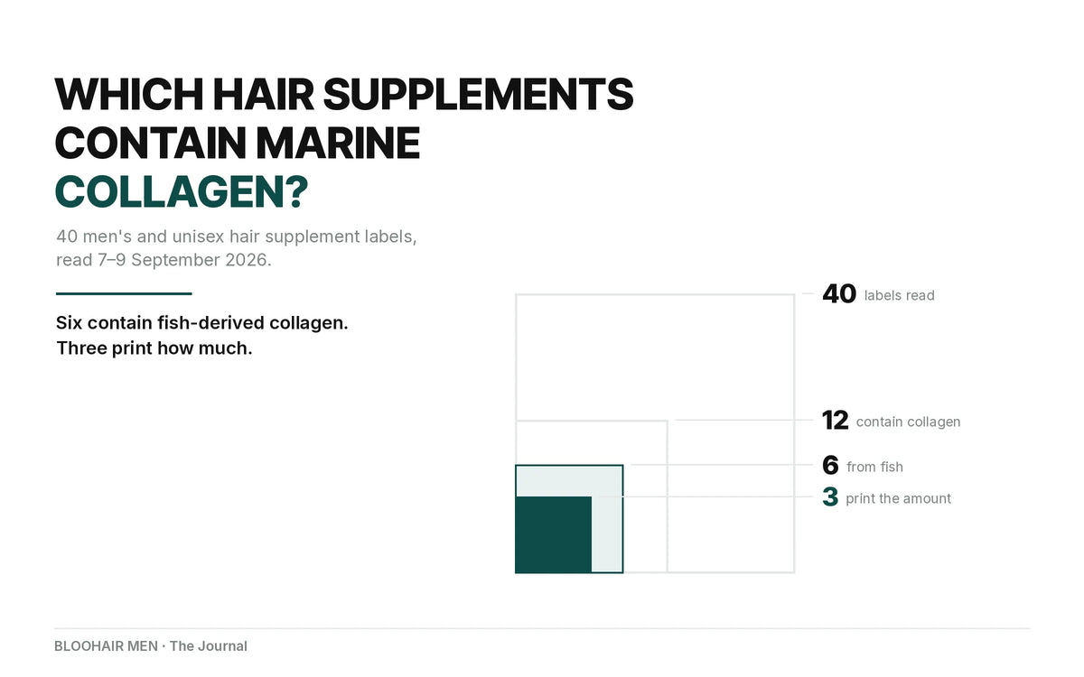 40 men's hair supplement labels read 7-9 September 2026: 12 contain collagen, 6 contain fish-derived collagen, and only 3 of those 6 print how much. BLOOHAIR MEN publishes 250 mg of hydrolyzed marine collagen per four-capsule serving.