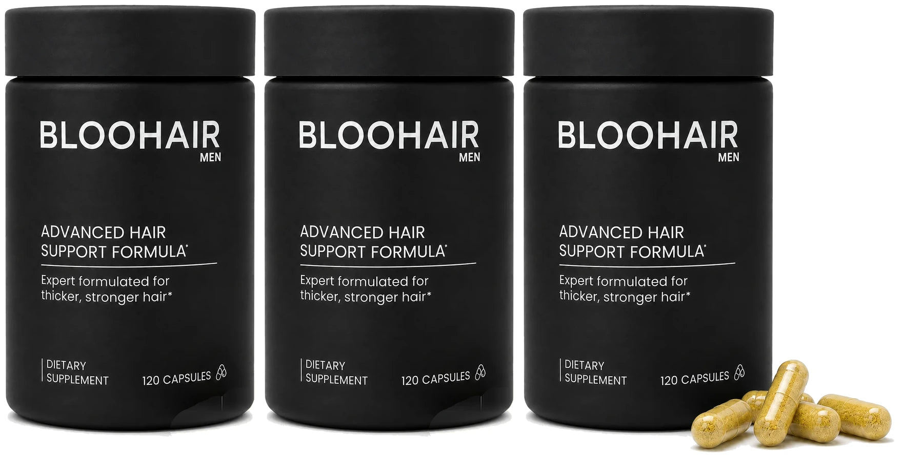 BLOOHAIR MEN 90-day AutoShip: three bottles of 120 capsules, 360 capsules in total, 22 ingredients with every dose published