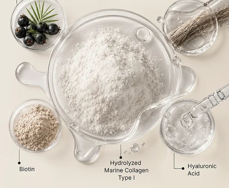 The five lead ingredients of BLOOHAIR MEN in bowls: saw palmetto, hydrolyzed keratin, biotin, hydrolyzed marine collagen and hyaluronic acid — five of the 22 ingredients, each printed with its own amount on the panel